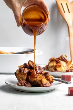 slice of bread pudding with guava caramel drizzled on top