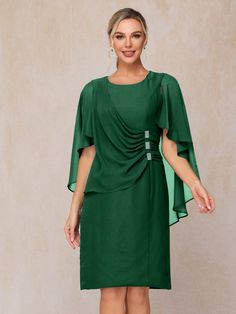 Dark_Green One Piece Dress Knee Length, Dresses With Pleats, Beading Dress, Dress With Pleats, Dress Knee Length, Sleeves Dress, Mother Of The Bride Dress, Dress Purchase, Bride Dresses