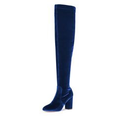 Step into sophistication with our Elegant Velvet Round Toe Chunky Heel Over-the-knee Boots in Blue. Luxurious velvet, a chic round toe, and a sturdy heel make a bold style statement. Color: Blue Material: Velvet Heel Type: Chunky heel Heel Height: 4" / 100 mm approx Product measurements were taken using size 8. Please note that measurements may vary by size. Toe: Round toe Zipper design makes it easier to wear on Handcrafted US sizing. Fits true to size. Blue Heel Boots, Chunky Heel Boots, Floral Heels, Custom Boots, Velvet Heels, Blue Boots, Chunky Heels Boots, Shoes Blue, Long Boots