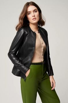 click to expand Woman In Leather Jacket, Leather Jacket Aesthetic, Jacket Aesthetic, Motor Jacket, Classic Leather Jacket, Pick Stitch, Francoise Hardy, Leather Jacket Style, Lambskin Leather Jacket