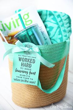 a basket with some items in it on top of a white table and an instagram page