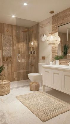 a bathroom with wooden walls and white fixtures