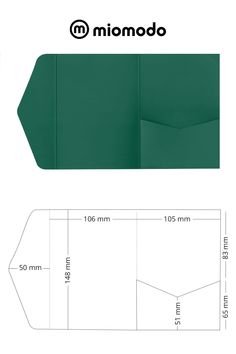 an envelope with measurements for the front and back side, in dark green paper on a white background