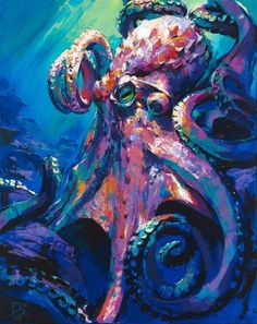 an octopus painting is being displayed on a easel