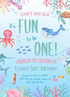 an under the sea birthday party with colorful marine animals and corals on blue background