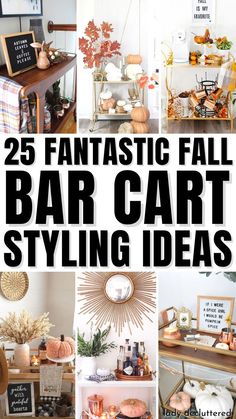 25 Fantastic Fall Bar Cart Styling Ideas Coffee Bar Cart Ideas Modern, Bar Car Decor, Bar Carts In Dining Room, Modern Bar Cart Decor, Thanksgiving Bar Decor, Decorate Bar Cart Ideas, Decorating Bar Cart, Fall Bar Decor, Fall Bar Cart Ideas