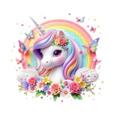 a unicorn with flowers and butterflies on it's head in front of a rainbow