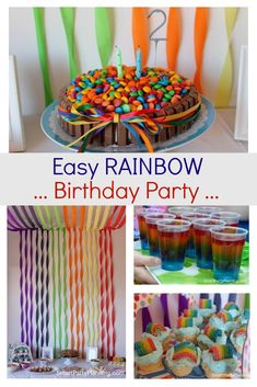 easy rainbow birthday party with cupcakes, cake and streamers