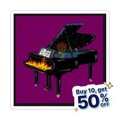 a black piano with flames on it and the words buy 10 get 50 % off