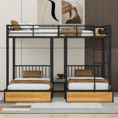 two bunk beds in a room with white walls and wood flooring, along with a rug on the floor