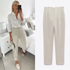 High Waisted Pants With Pronounced Seams At Front And Back.Front Welt Pockets, Front Zip, Metal Hook And Inseam Button Closure.Color Is Oyster White. Zara Work Pants, Zara Belted Pants Outfit, Zara Cream Trousers, Zara High Waisted Pants Outfit, Zara Pants Outfit, Cream Trousers Outfit, Outfit Bautizo, Zara High Waisted Pants, White Trousers Outfit