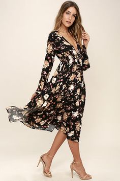 Party Dresses, Club Dresses, Casual to Formal Maxi Dresses Black Floral Print Dress, Backless Bodysuit, Sweet Peas, Floral Print Midi Dress, Simply Chic, Black Floral Print, Print Midi Dress, Maxi Dress Formal, Bateau Neckline