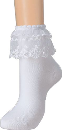 Fitted White Hosiery With Lace Trim, White Stretch Lace Trim Hosiery, White Stretch Hosiery With Lace Trim, White Stretch Socks With Ruffles, Stretch White Socks With Ruffles, White Ruffled Socks For Summer, Fitted White Ruffled Socks, White Stretch Stockings For Summer, Fitted Ruffled Socks For Summer