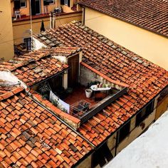 the roof of an old building has red tiles on it and there is a potted plant in the window