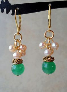 Green Jade Cluster Earring.Freshwater Pearls.Bead Cap plate in 24k Gold.Dangle.Drop.Pastel.Bridal.Mo Elegant Green Jade Jewelry, Elegant Green Jewelry With Natural Stones, Bohemian Green Jeweled Jewelry, Green Jade Earrings For May Birthstone, Elegant Jeweled Green Earrings, Elegant Green Jeweled Earrings, Round Jade Earrings For Wedding, Jade Round Earrings For Wedding, Elegant Round Jade Earrings For Weddings