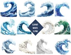 twelve different types of waves in various shapes and sizes, all with the same color