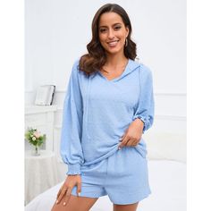 Elevate your casual wardrobe with the KOJOOIN Women's 2 Piece Lounge Set, a perfect blend of comfort and style. This ensemble features a hoodie shirt and matching drawstring shorts, both designed to provide a relaxed fit and a chic look for your loungewear needs.

- **Color**: Blue
- **Size**: 2XL
- **Material**: 100% Polyester
- **Gender**: Female
- **Features**:
  - **Hoodie Shirt**: Adds a sporty touch to your outfit.
  - **Shirred Cuff Blouse**: Enhances the set with elegant detailing.
  - * Casual Drawstring Sleepwear For Spring, Casual Solid Sleepwear For Spring, Casual Spring Sleepwear With Drawstring, Casual Blue Hooded Sleepwear, Comfortable Hoodie With Drawstring For Loungewear, Casual Tops With Drawstring Hood For Loungewear, Hoodie With Drawstring For Loungewear, Drawstring Hooded Tops For Loungewear, Casual Loungewear Top With Drawstring Hood