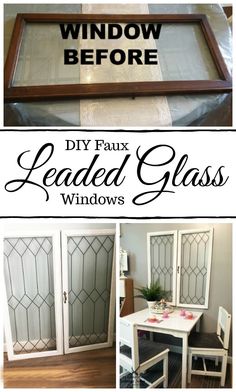 the window before and after being painted with leaded glass windows in an old cabinet