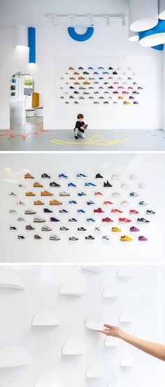 there are two walls that have different types of shoes on them