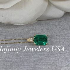 "The pendant pictured is a lab created emerald and diamond #6648 -Approximate total carat weight: approx. 2.55ctw diamond equivalent -Center Stone Size: 9x7mm - approx. 2.50ct diamond equivalent -Center Stone Shape: emerald cut -Gem Type: lab created emerald -Stone Clarity: VS2 -Stone Color: Green -Moh's Scale: 8.5 hardness -Accent Stone Size: round approx. 0.04ct. diamond equivalent -Gem Type: genuine diamond -Stone Clarity: SI1 -Stone Color: G -Moh's Scale: 10 hardness -Metal Type and Purity: Luxury Emerald Necklace For May Birthstone Anniversary, Classic Green Emerald Necklace With Diamond Accents, Classic Cubic Zirconia Emerald Necklace, Emerald Cut Green Jewelry With Diamond Accents, Green Emerald-cut Jewelry With Diamond Accents, Green Emerald Necklace With Diamond Settings, Formal Gia Certified Emerald Necklace, Formal Emerald Necklace With Diamond For May Birthstone, Gia Certified Green Necklace For Formal Occasions