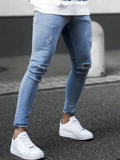 Men's Casual Distressed Skinny Jeans For Street Wear, Autumn Medium Wash    Denim Plain Skinny Slight Stretch  Men Clothing, size features are:Bust: ,Length: ,Sleeve Length: Basket Sport, Grey Colour Suit, Fleece Tights, Jean Bleu, Men's Muscle, Womens Tights, Jeans Men, Camisa Polo, Clothing Styles