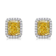 6.5ct Fancy Yellow Cushion Halo Diamond Stud Earring Yellow Halo Design Fine Jewelry Earrings, Yellow Halo Design Earrings In Fine Jewelry, Yellow Halo Design Earrings Fine Jewelry, Fine Jewelry Yellow Earrings With Halo Design, Formal Yellow Earrings With Halo Setting, Yellow Cushion, Diamond Stud Earring, Cushion Halo, Yellow Cushions