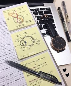 a watch, pen and notebooks on a desk next to a laptop with notes