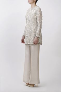 Mumu Mandarin Elegant Pant Set With Intricate Embroidery For Party, Elegant Party Pant Set With Intricate Embroidery, Elegant Embellished Palazzo Set For Reception, Elegant Festive Pant Set For Reception, Glamorous Embellished Palazzo Set For Wedding, Elegant Fitted Pant Set With Intricate Embroidery, Elegant Evening Sharara With Pearl Embroidery, Hand Embellished Long Sleeve Palazzo Set For Wedding, Elegant Palazzo Set With Pearl Embroidery For Parties