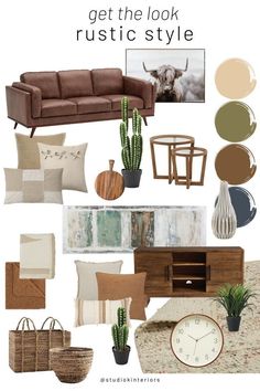 a living room filled with lots of furniture and decorating items in shades of brown, beige