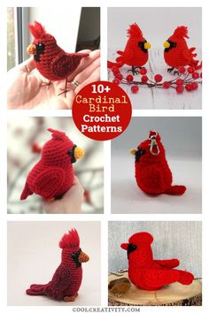 crochet red cardinal bird pattern with text overlay that reads, 10 + cardinal bird crochet patterns