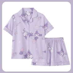 Snuggle up with comfort in this Kawaii Sanrio Pajama. Crafted from soft cotton, the all-in-one pajama ensures a cozy and restful night of sleep. The looks-like-new construction ensures you stay comfortable and warm for years to come. Kuromi Purple, Hello Kitty Pajamas, Sanrio Clothes, Kawaii Sanrio, Cute Pajama Sets, Soft Pajamas, Cute Pajamas, Purple Shorts, My Melody