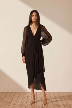 Isola Plunged Long Sleeve Midi Dress | Black | Dresses | Shona Joy – Shona Joy International Mocha Dress, Black Long Sleeve Midi Dress, Long Fall Dresses, Black Party Dress, Shona Joy, Midi Dress Black, Black Party Dresses, Slim Fit Top, Dress A Line