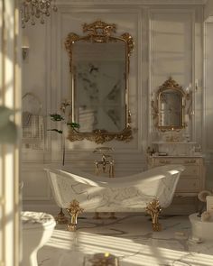 an ornate bathroom with white walls and gold trimmings is pictured in this image