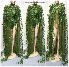 three pictures of a mannequin covered in green ivy leaves and vines, with four different views of the torso