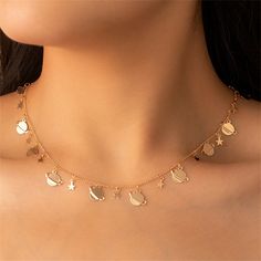 Station necklace featuring a celestial design in a gleaming 18k gold-plated finish. 15.83" L with 1.89" extender Lobster claw clasp 18k gold-plated copper Star Choker, Saturn Necklace, Planet Saturn, Celestial Design, Necklace Star, Station Necklace, Accessories Jewelry Necklace, Star Necklace, Necklace Chain