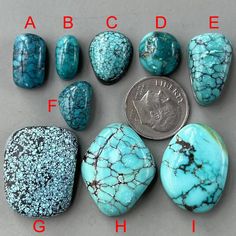 turquoise colored stones and one dime are shown with the letters abc, d, f, g