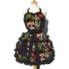 Hemet Ruffled Monster Mash Apron-Pinup Aprons-Glitz Glam and Rebellion GGR Pinup, Retro, and Rockabilly Fashions Hollywood Monsters, Apron Vintage, Scary Movie Characters, Retro Apron, Retro Horror, Custom Aprons, Universal Monsters, Plus Size Vintage, Aprons Vintage