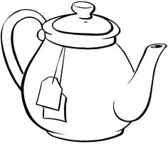 a black and white drawing of a teapot with tags hanging from it's handle