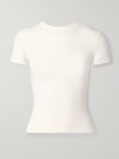 SKIMS' T-shirt is made from stretch cotton-jersey that's so soft and comfortable, you'll never want to take it off. It's cut for a very close fit and will work with everything from tailoring and jeans to track pants. White Fitted Shirt, Chanel Pins, School List, Take It Off, Fantasy Gowns, Crop Top Outfits, Feminine Outfit, Workout Tshirts, T Shirt Women