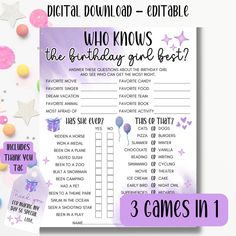 Purple Themed Who Knows the Birthday Girl Best Game - Printable & Editable Party Quiz Celebrate the birthday girl with our fun and interactive party game set, perfect for adding a personalized touch to any birthday bash! This instant download includes three exciting games on one sheet: Who Knows the Birthday Girl Best? - Test your knowledge with questions about her favorites like movies, books, and more. This or That? - Guess her preferences between two fun options. Has She Ever? - A playful qui Birthday Quiz, Would She Rather, Scavenger Hunt Games, Photo Scavenger Hunt, Party Setup, Purple Birthday, Birthday Party Games, 11th Birthday, Birthday Games