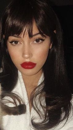 Black Hair With Red Lipstick, Brown Hair Red Lipstick, Dark Hair W Bangs, Red Lipstick Black Hair, Vintage Bangs Long Hair, Brunette Red Lipstick, Red Hair Pale Skin Brown Eyes, Dark Brown Hair With Fringe, Long Dark Hair Bangs