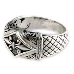 This elegant domed ring crowns an ornate fleur de lis. By Kadek Hendra, this design is superbly crafted by hand. Sterling silver Combination finish Handmade in & fairly traded from Indonesia Amazon Rings, Paw Print Jewelry, Silver Swan, Ribbon Jewelry, Fair Trade Jewelry, Printed Jewelry, Domed Ring, Jewelry Packaging, Toe Rings