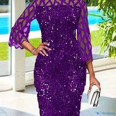 Orcajump - Mesh Contrast Sequined Bodycon Dress, Elegant Crew Neck Half Sleeve Dress For Party, Women's Clothing Bodycon Dress Elegant, Half Sleeve Dress, Purple Cocktail Dress, Dress For Party, Party Women, Sequin Bodycon Dress, Half Sleeve Dresses, Dress Elegant, Half Sleeve