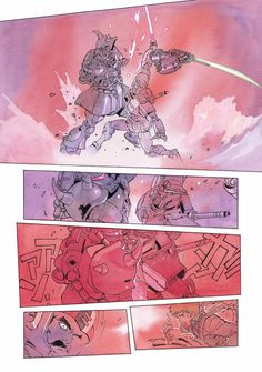 an image of a page from the comic book, with two pages in red and purple