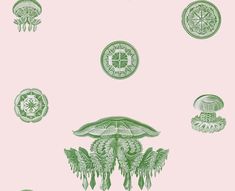 green jellyfishs and other sea creatures are depicted on a pink background in this illustration