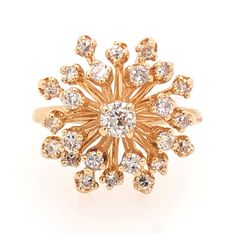 This alluring ring has an eye catching look with its vintage styling. Round cut diamonds highlight the flowery cluster design of this 18 kt. yellow gold ring. The diamonds are F color and SI-1 clarity with a total weight of 0.60 ct. The ring can be resized, let us know your finger size and the ring will arrive ready to wear! Diamond Cluster Flower Ring In Yellow Gold, Yellow Gold Diamond Cluster Flower Ring, Vintage Cluster Ring, Cluster Design, Vintage Styling, Yellow Gold Ring, Vintage Diamond, Cluster Ring, Round Cut Diamond