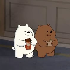 two cartoon bears standing next to each other holding food in their hands and looking at the ground