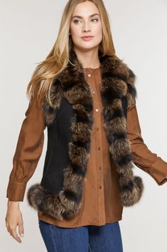 Laura Shearling Sheepskin Vest with Fox Fur Trim Luxury Winter Vest For Workwear, Luxury Winter Workwear Vest, Fitted Faux Fur Vest With Faux Fur Lining, Elegant Brown Winter Vest, Luxury Vest For Fall Workwear, Brown Faux Fur Trim Vest For Fall, Fitted Winter Vest With Faux Fur Trim, Brown Vest With Faux Fur Trim For Fall, Chic Brown Winter Vest