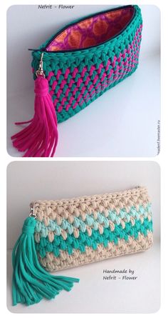 two pictures showing different types of crocheted bags with tassels on them