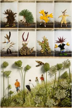 several pictures of people and plants made out of paper